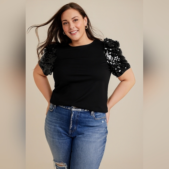 Maurices, NWOT, Plus Size, Edgely, Sequin, Puff Sleeve, Black Blouse, Size 2X - Picture 7 of 9